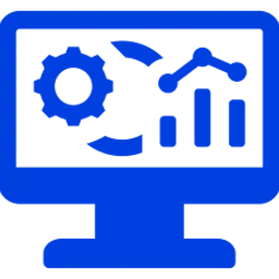 Icon of a computer monitor with gear and network nodes representing business systems.