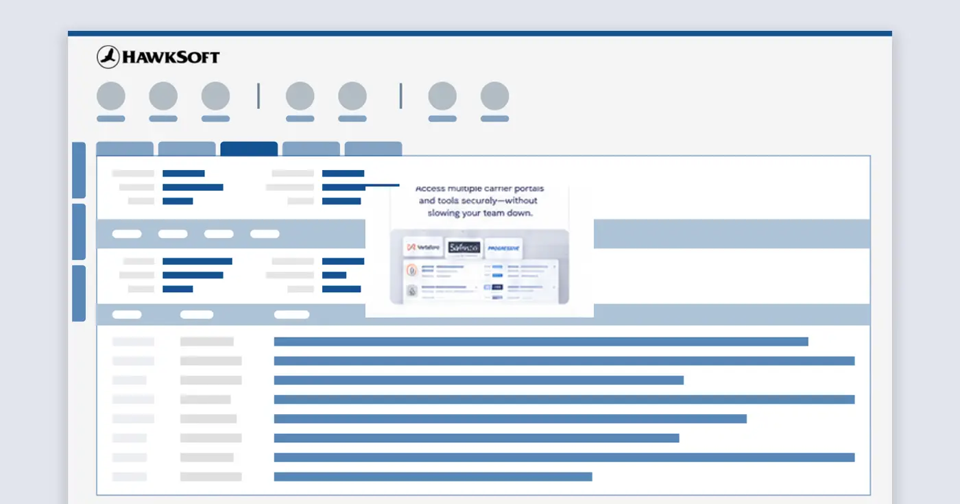 HawkSoft software dashboard with menus, data tables, and a tool access panel for carrier portals.