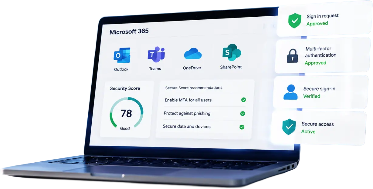 Laptop displaying Microsoft 365 apps and cybersecurity status from Lightspeed Solutions