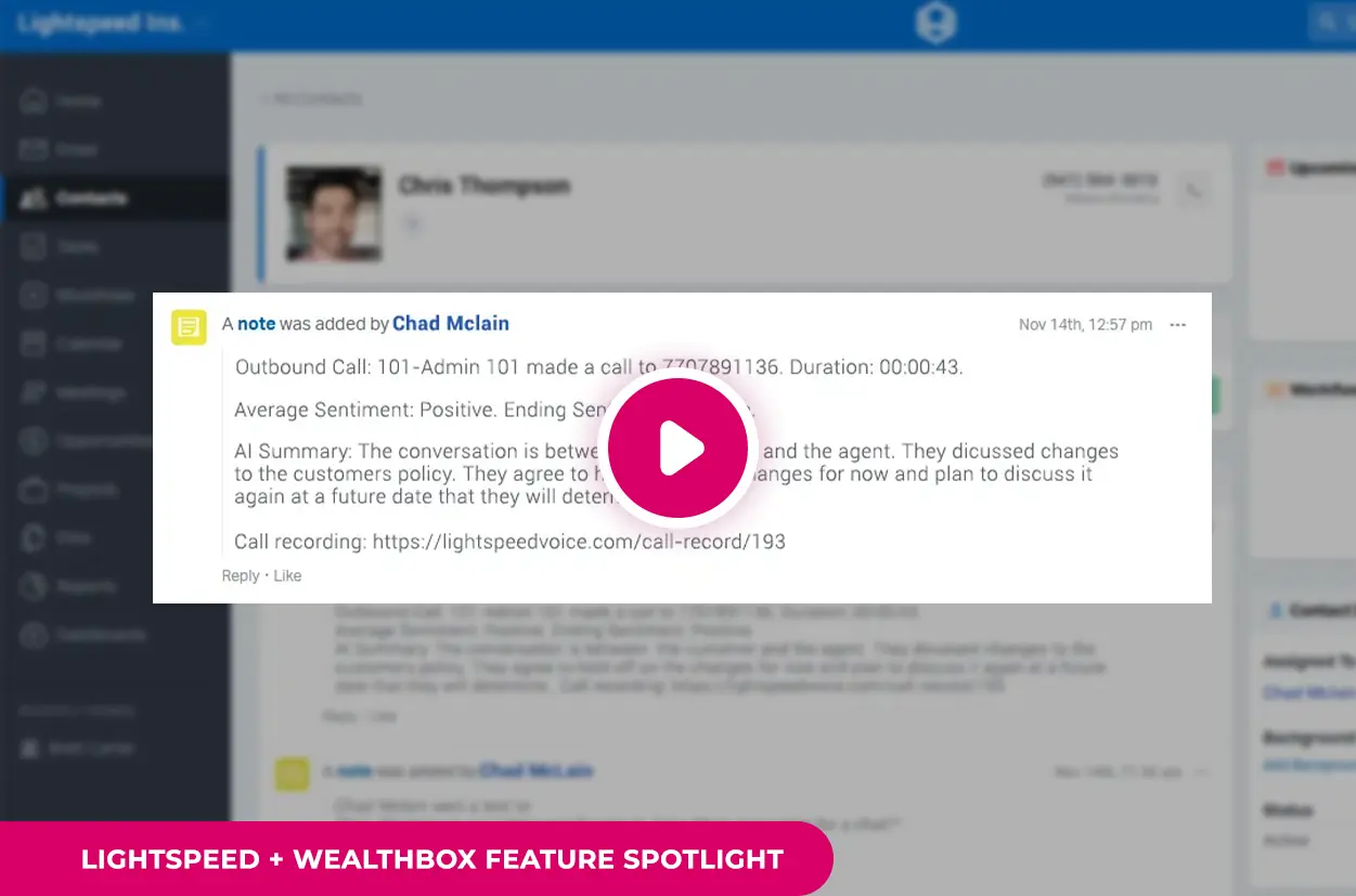 Wealthbox CRM contact dashboard showing client details and recent activity