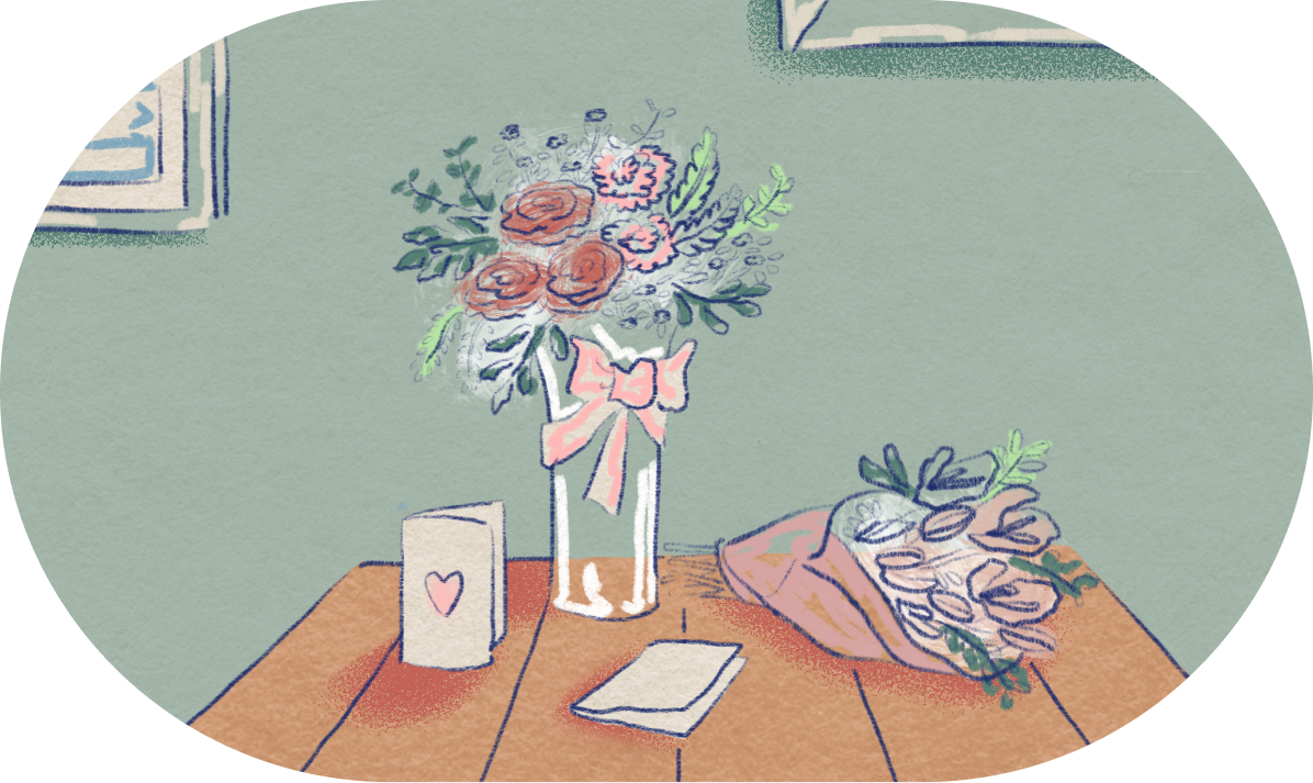 An illustration of beautiful flowers in a vase on a table