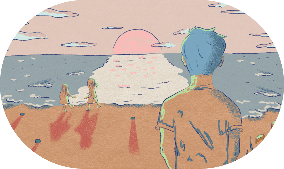 Illustration of a young father looking over the ocean and his two daughters