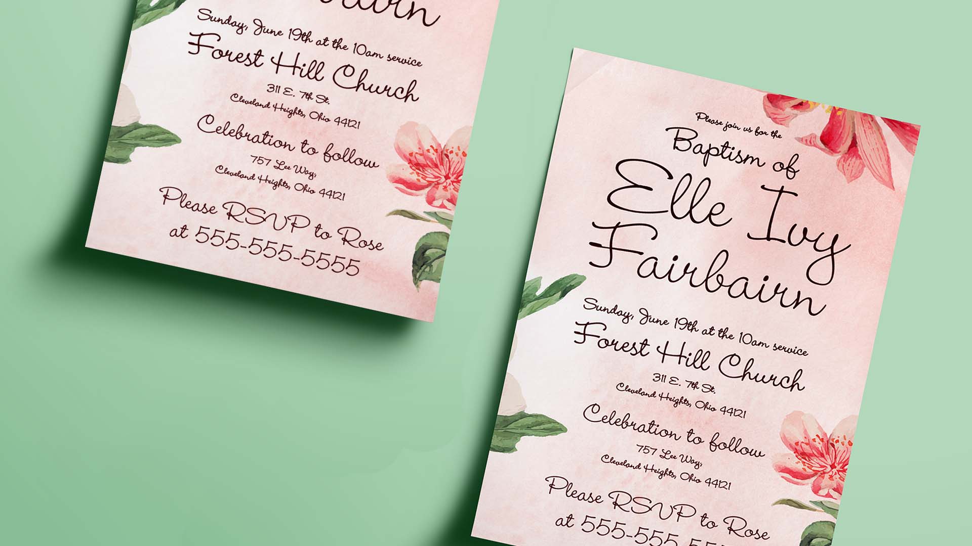 A pink floral invitation to a baptism