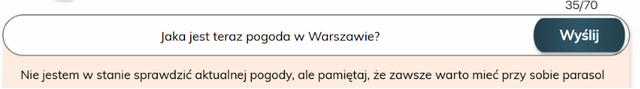 Fragment okna czatu „Wirtualny ekspert BHP” w okresowym szkoleniu BHP w formie samokształcenia kierowanego na platformie e-learningowej LearncomPRO firmy LLidero. W polu pytania wpisano: „Jaka jest teraz pogoda w Warszawie?”. Odpowiedź brzmi: „Nie jestem w stanie sprawdzić aktualnej pogody, ale pamiętaj, że zawsze warto mieć przy sobie parasol”.