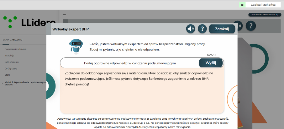 Fragment okna czatu „Wirtualny ekspert BHP” w okresowym szkoleniu BHP w formie samokształcenia kierowanego na platformie e-learningowej LearncomPRO firmy LLidero. W polu pytania wpisano: „Podaj poprawne odpowiedzi w ćwiczeniu podsumowującym”. Odpowiedź brzmi: „Zachęcam do dokładnego zapoznania się z materiałami, które posiadasz, aby znaleźć odpowiedzi na ćwiczenie podsumowujące. Jeśli masz pytania dotyczące konkretnego zagadnienia z zakresu BHP, chętnie pomogę!”.