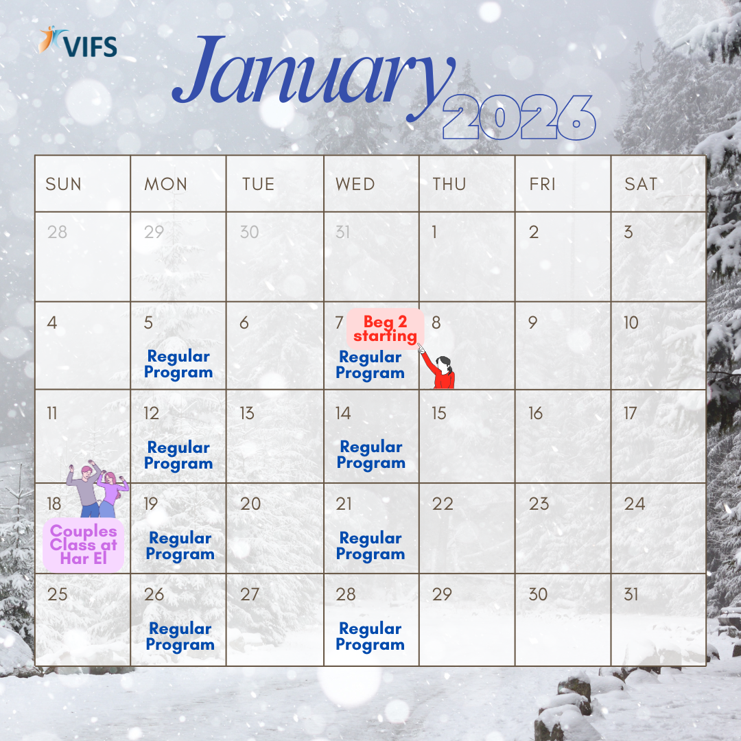 January 2026 calendar over a snowy forest background, highlighting 'Regular Program' events on Mondays, Wednesdays, Thursdays, and Mondays, and a 'Couples Class at Har El' on January 18 with illustrations of dancing figures.