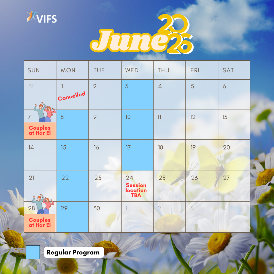January 2026 calendar over a snowy forest background, highlighting 'Regular Program' events on Mondays, Wednesdays, Thursdays, and Mondays, and a 'Couples Class at Har El' on January 18 with illustrations of dancing figures.
