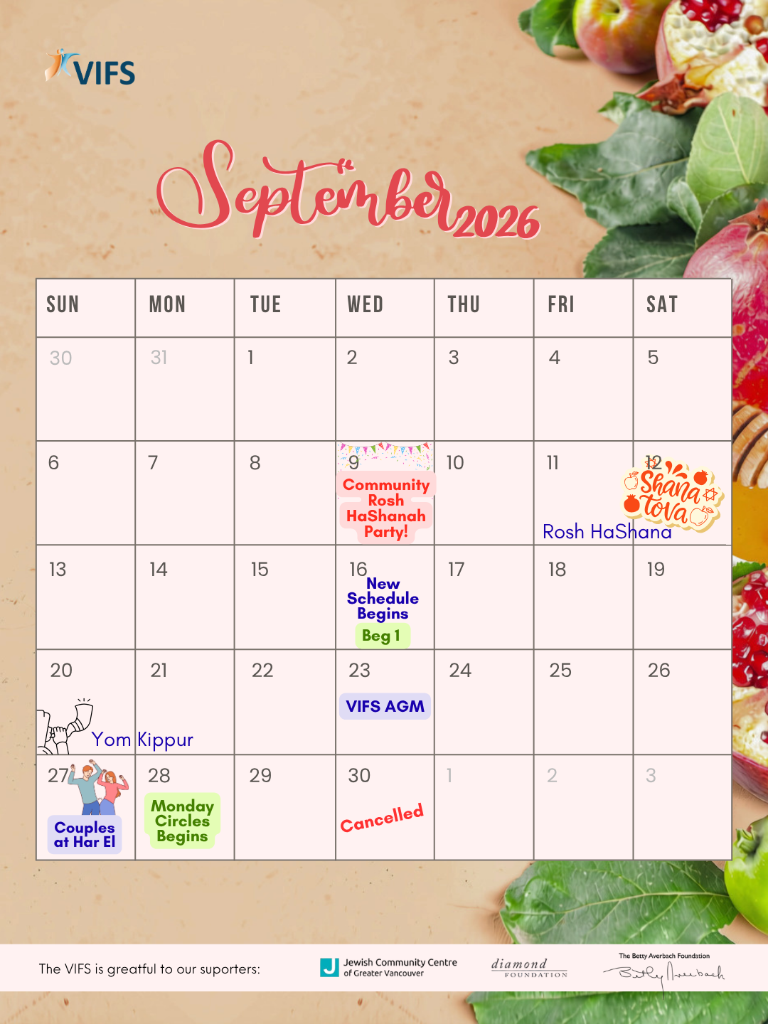 January 2026 calendar over a snowy forest background, highlighting 'Regular Program' events on Mondays, Wednesdays, Thursdays, and Mondays, and a 'Couples Class at Har El' on January 18 with illustrations of dancing figures.