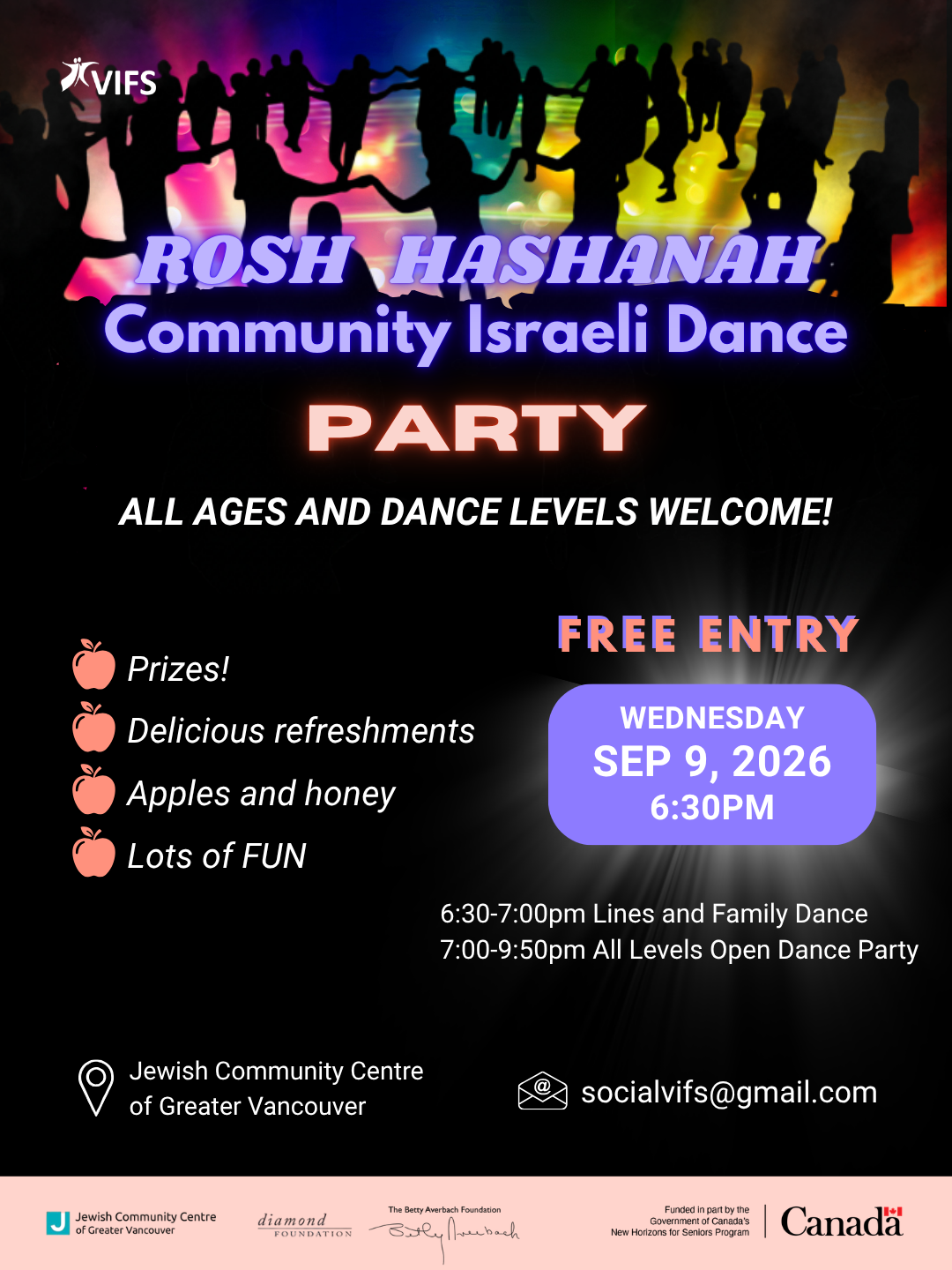 Promotional flyer for Israeli Dance Beginner 2 class series starting January 7, 2026, featuring a dancing woman silhouette and class details including time, cost, and registration info.
