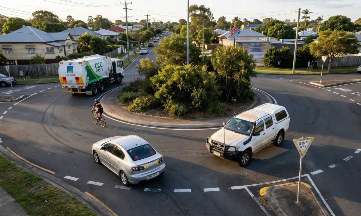 An image of a roundabout with three vehicles driving around the roundabout 