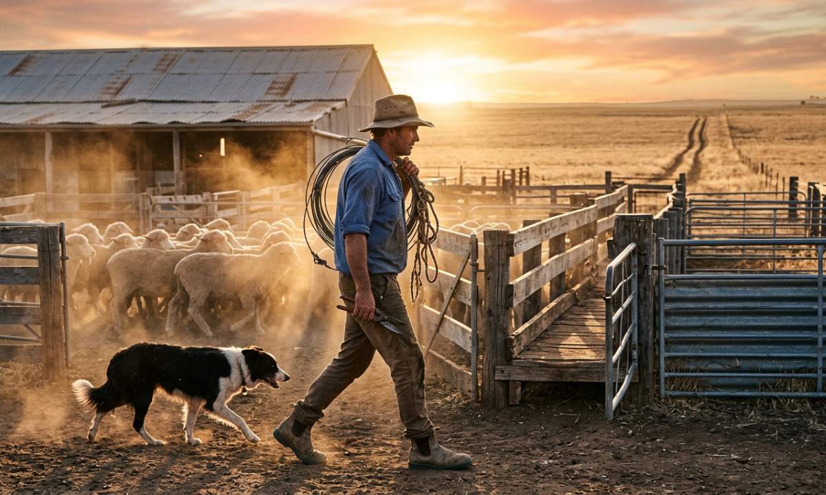 Farmer walking sheep into pen on Australian outback farm at dusk