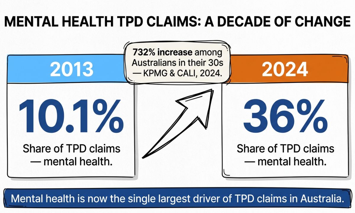 info-graphic showing 732% increase of mental health TPD claims in Australia