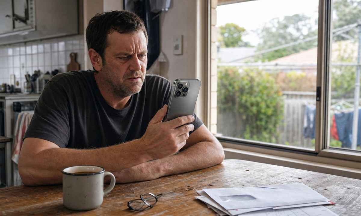 Man at kitchen table looking concerned at his phone after receiving an unsolicited call from a claim farmer