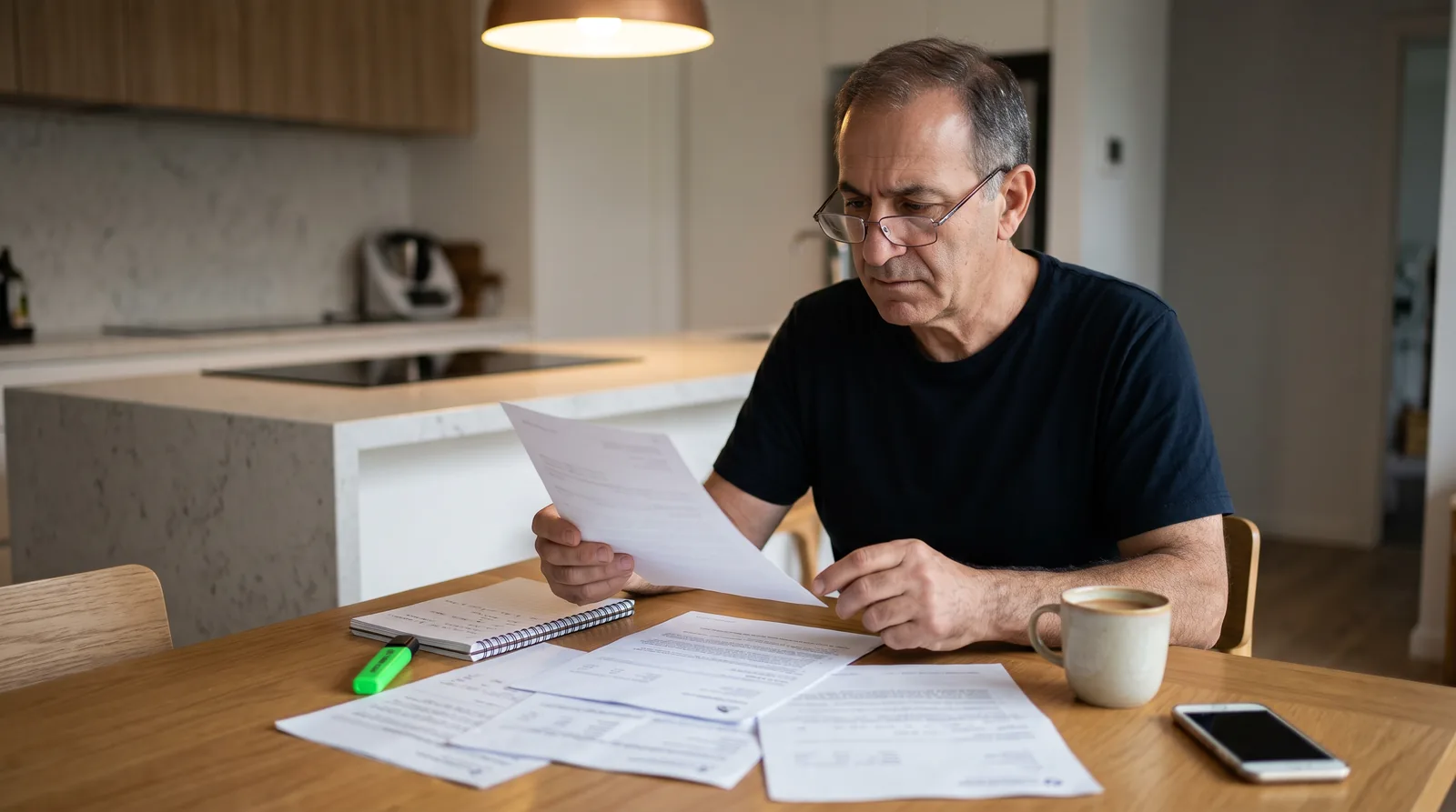 Man in his 60s reviewing superannuation statement papers at kitchen table, checking insurance premium costs