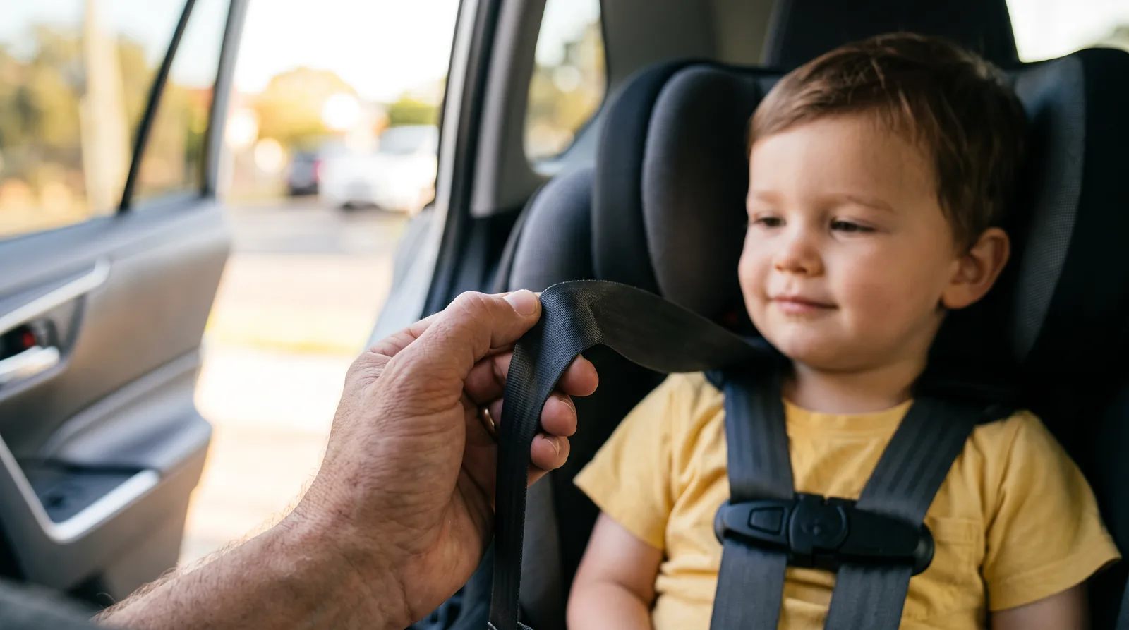 Parent buckling a child into a car seat in the back of a car, Queensland