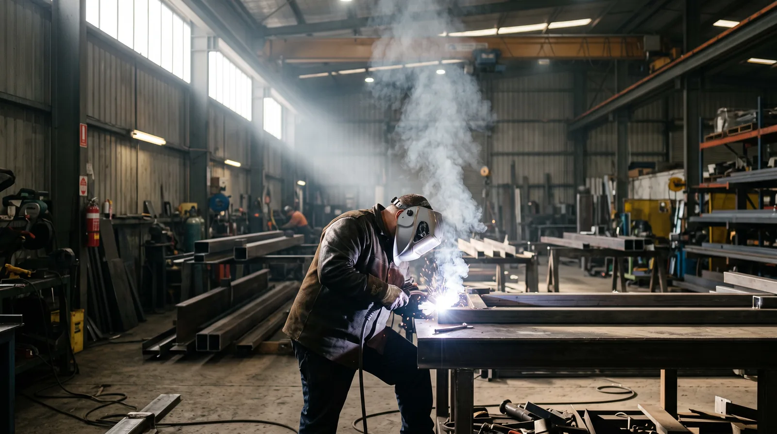 Welder in a protective mask at a steel bench with smoke rising in a workshop, illustrating welding fume cancer risk
