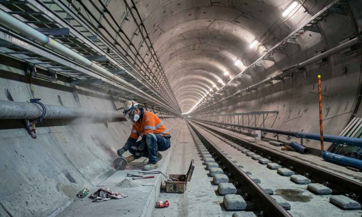 Worker in hi-vis and dust mask cutting concrete beside rail tracks in a tunnel, illustrating silicosis risk for tunnel crews