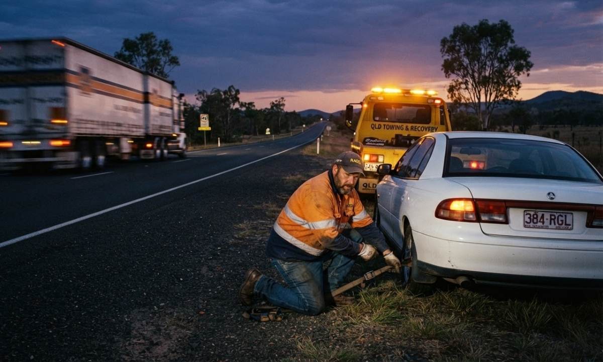 Roadside worker in hi-vis crouching by a stranded white car at dusk as a road train passes, showing roadside worker danger