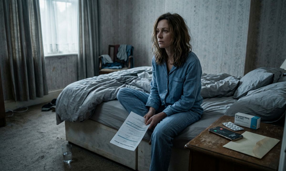 Woman sitting on a bed holding a document beside medication, reflecting the strain of proving a mental health TPD claim