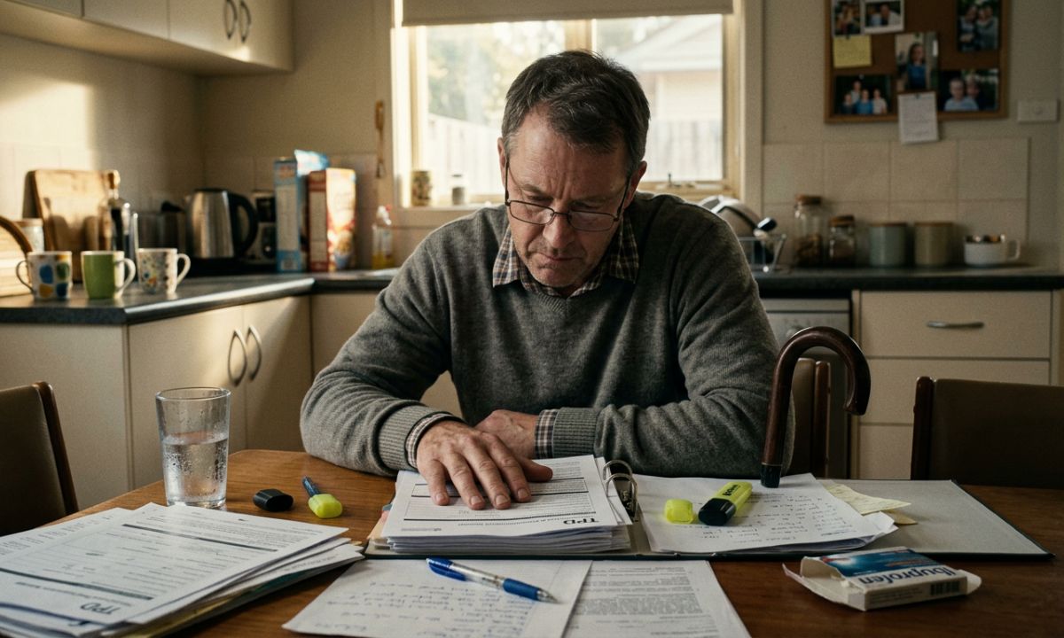 Older man reading paperwork at a kitchen table, weighing up a small TPD claim and whether to use a lawyer
