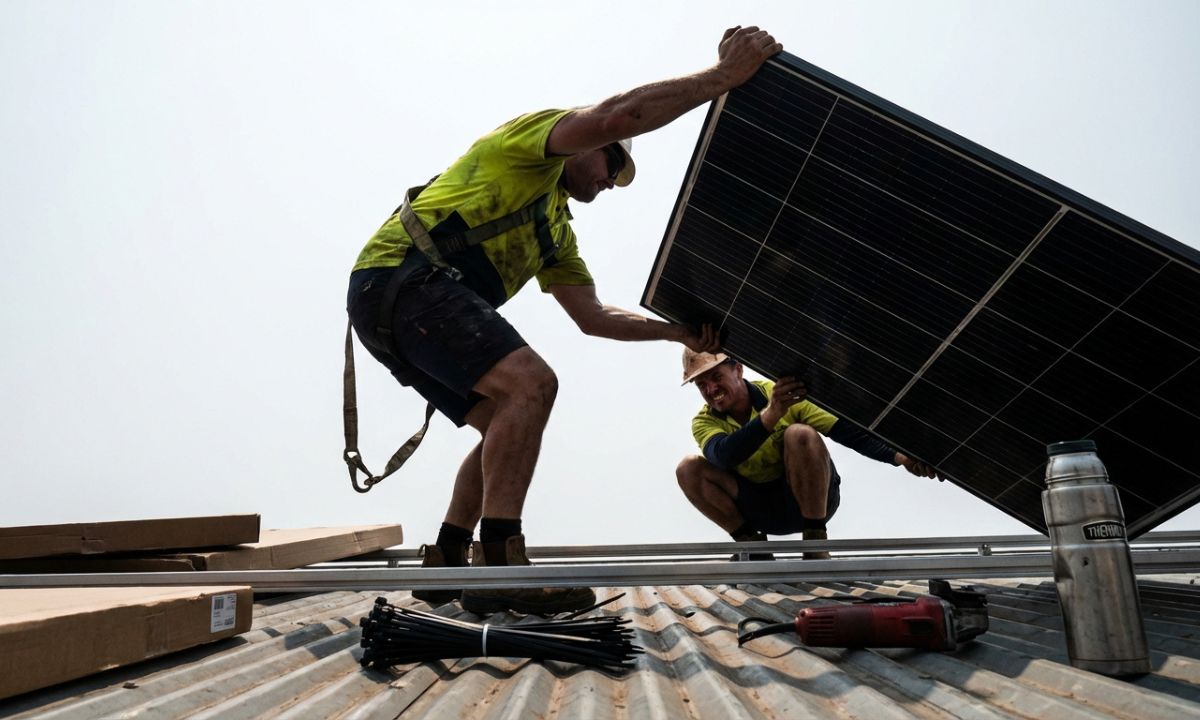 Two workers in hi-vis and harnesses lifting a solar panel on a roof, illustrating clean energy industry safety risks