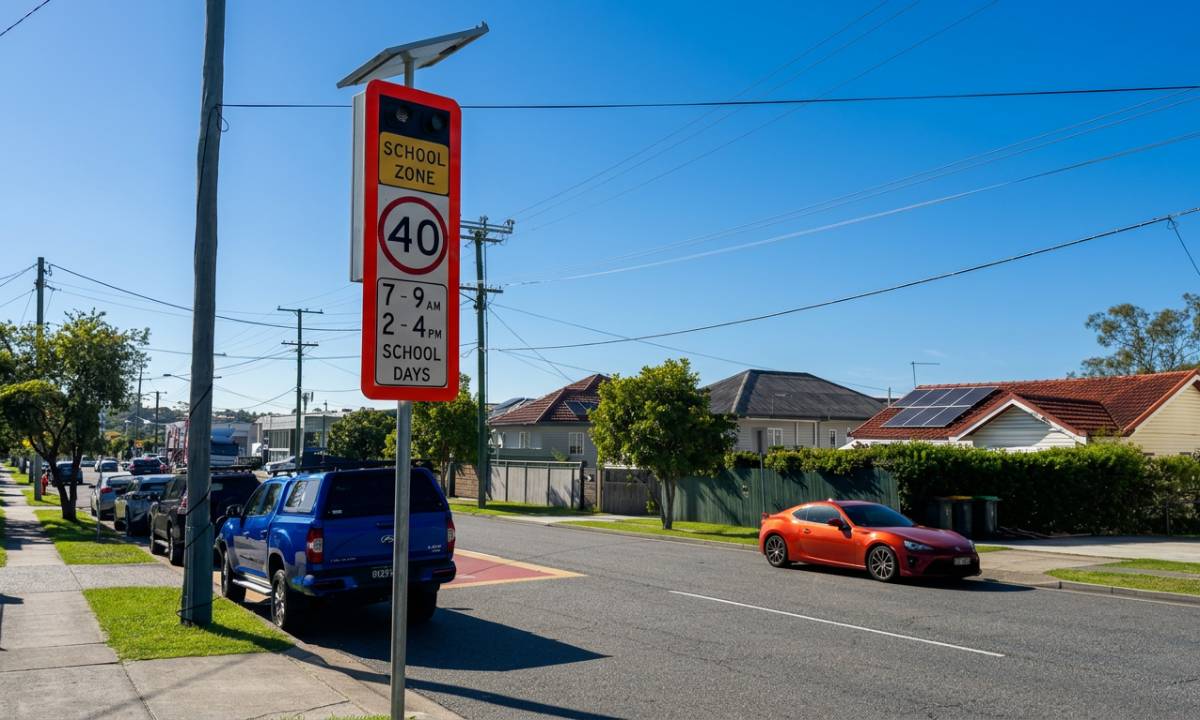 School zone 40 km/h sign on a suburban street with parked cars, illustrating school drop-off and pick-up dangers