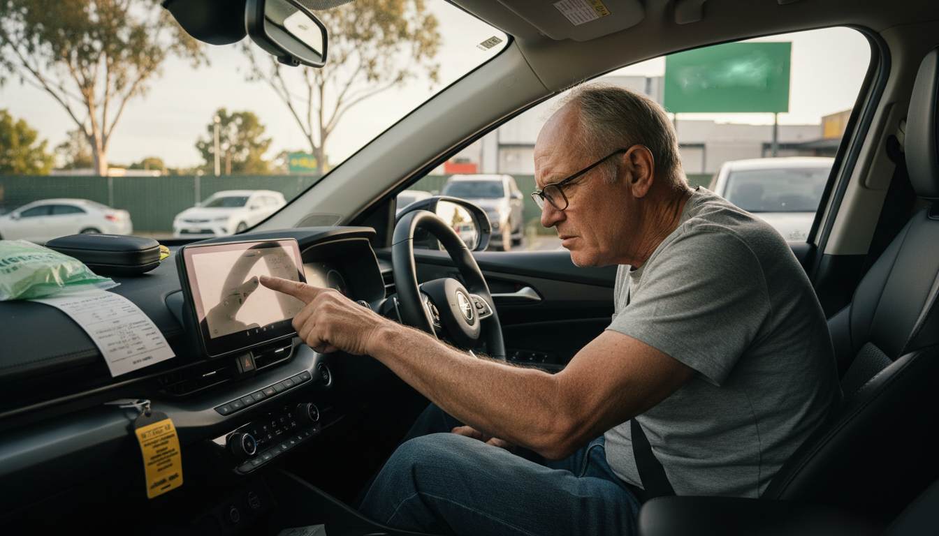Man in a car reaching to use a large dashboard touchscreen, illustrating distraction risks from in-car screens