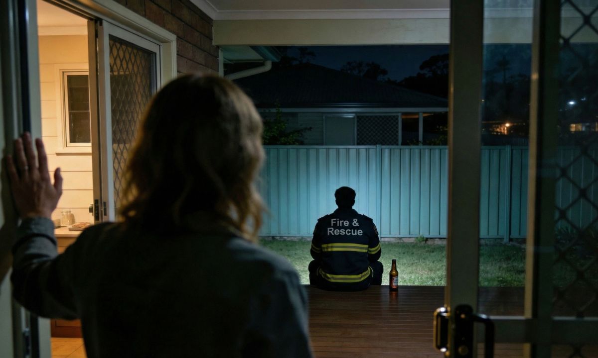 Woman at a door watching a Fire & Rescue firefighter sitting alone outside at night, illustrating first responder PTSD