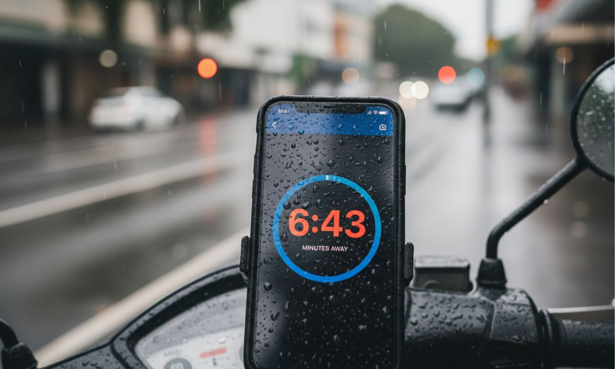 Smartphone on a scooter mount showing a countdown timer in the rain, illustrating delivery app timer pressure and injury risk