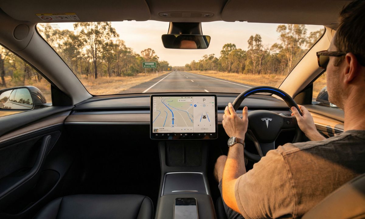 Driver with hands on the wheel on a country road with a navigation screen, illustrating self-driving car insurance