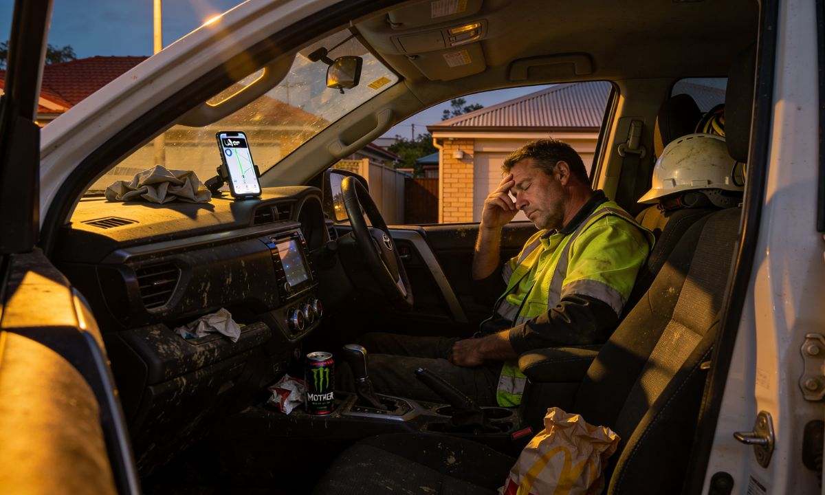 Tired worker in hi-vis slumped in a parked car cab at dusk, illustrating fatigue from working a second job