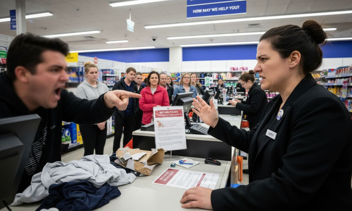 Customer shouting at a retail worker at a counter while shoppers queue, illustrating psychological safety at work