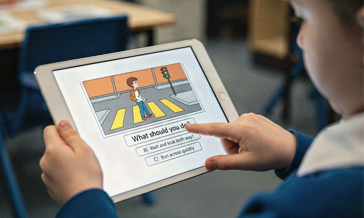 Hands holding a tablet showing a pedestrian crossing quiz question, illustrating gamified road safety programs
