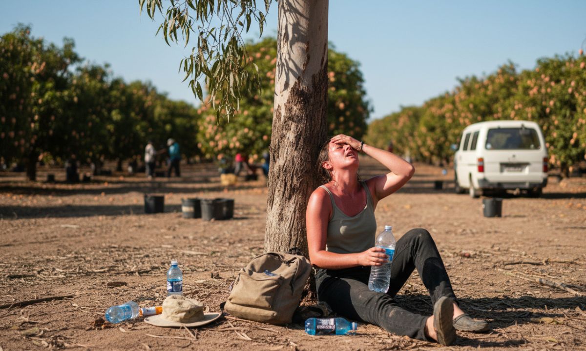 Woman resting against a tree with a water bottle in an orchard, looking hot, illustrating heat risks for harvest workers