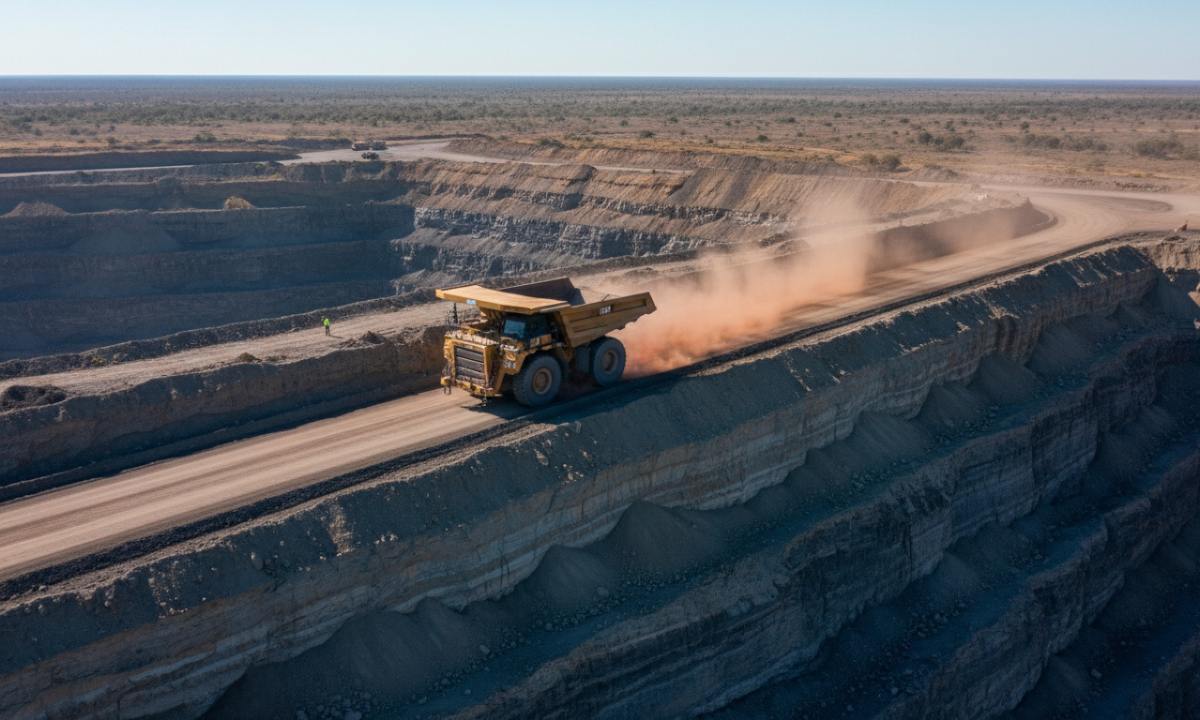 Haul truck kicking up dust on a large open-cut mine in the outback, illustrating dangerous Queensland jobs
