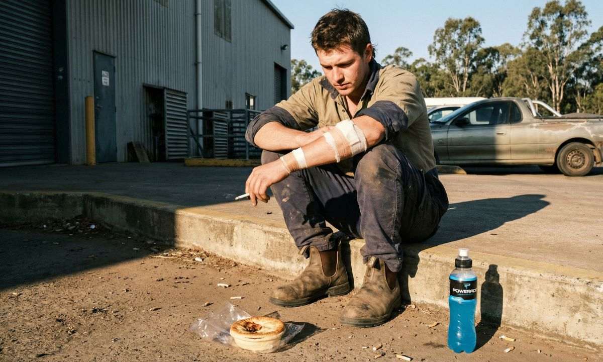 Young worker with a bandaged forearm sitting on a kerb outside a workshop, illustrating injury risks for under-25s at work