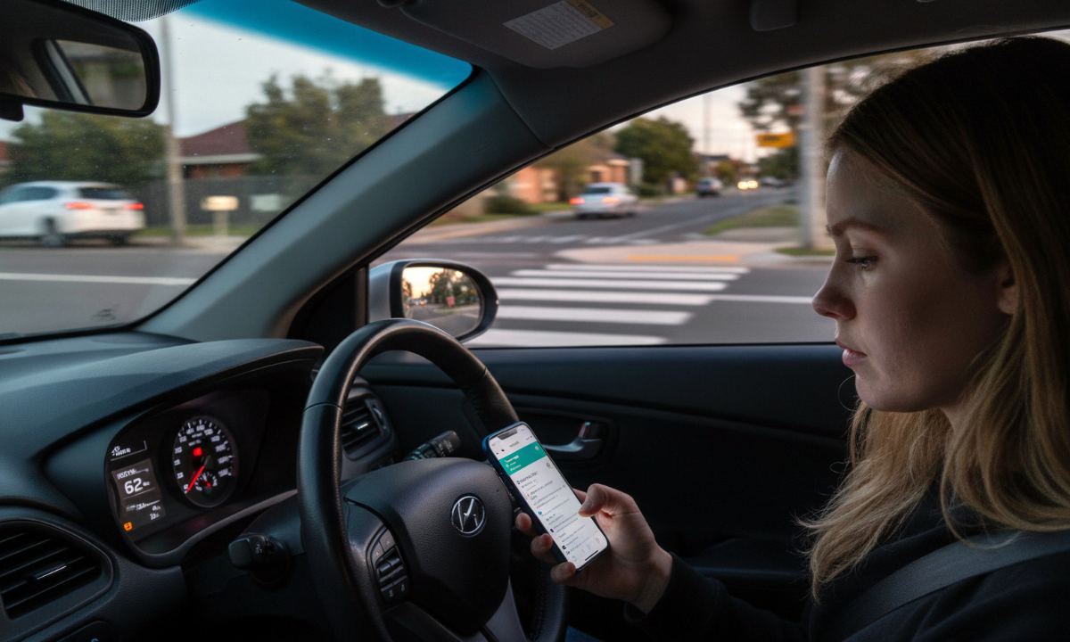 Young woman driver looking at a phone in her lap at a pedestrian crossing, illustrating Gen Z and the fatal five road risks