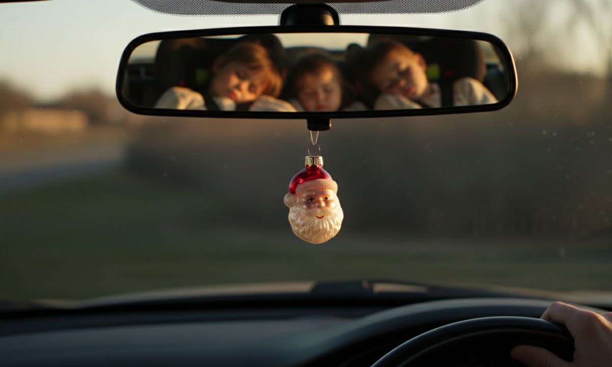 Rear-view mirror showing sleepy children with a Santa ornament hanging below, illustrating Christmas road risks