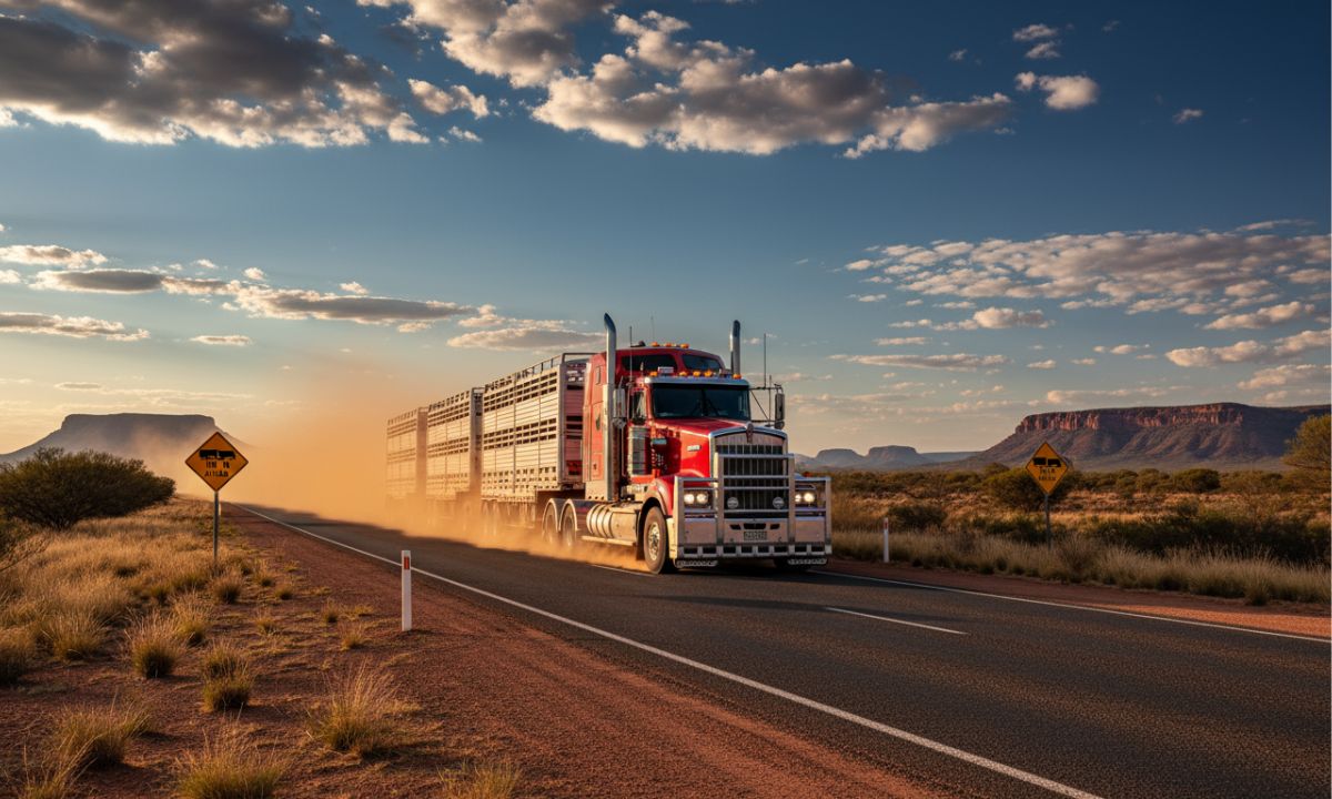 Road train driving along an outback highway in dust at sunset, illustrating dangers of Australian mega-trucks