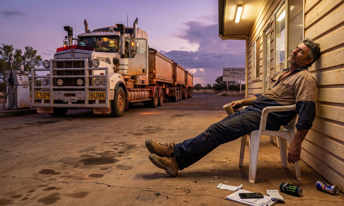 Truck driver asleep on a plastic chair beside a parked road train, illustrating truck driver fatigue and shortages