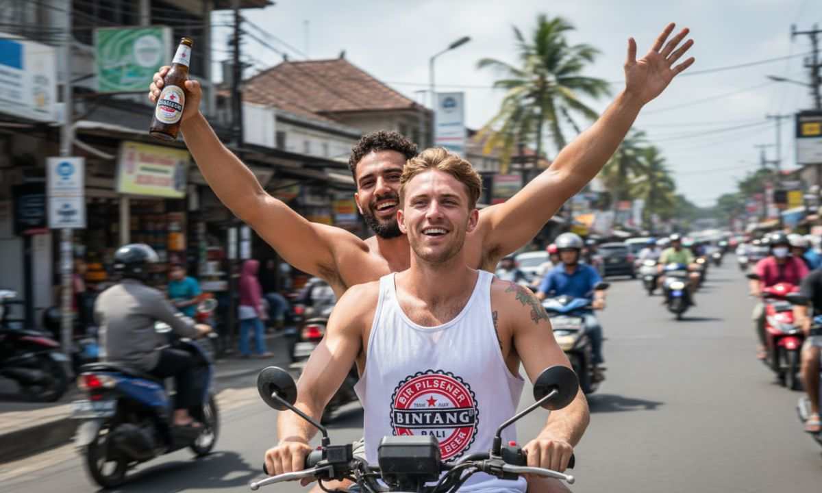 Two men cheering on a motorbike in a busy overseas street, one holding a beer, illustrating injury rights while travelling