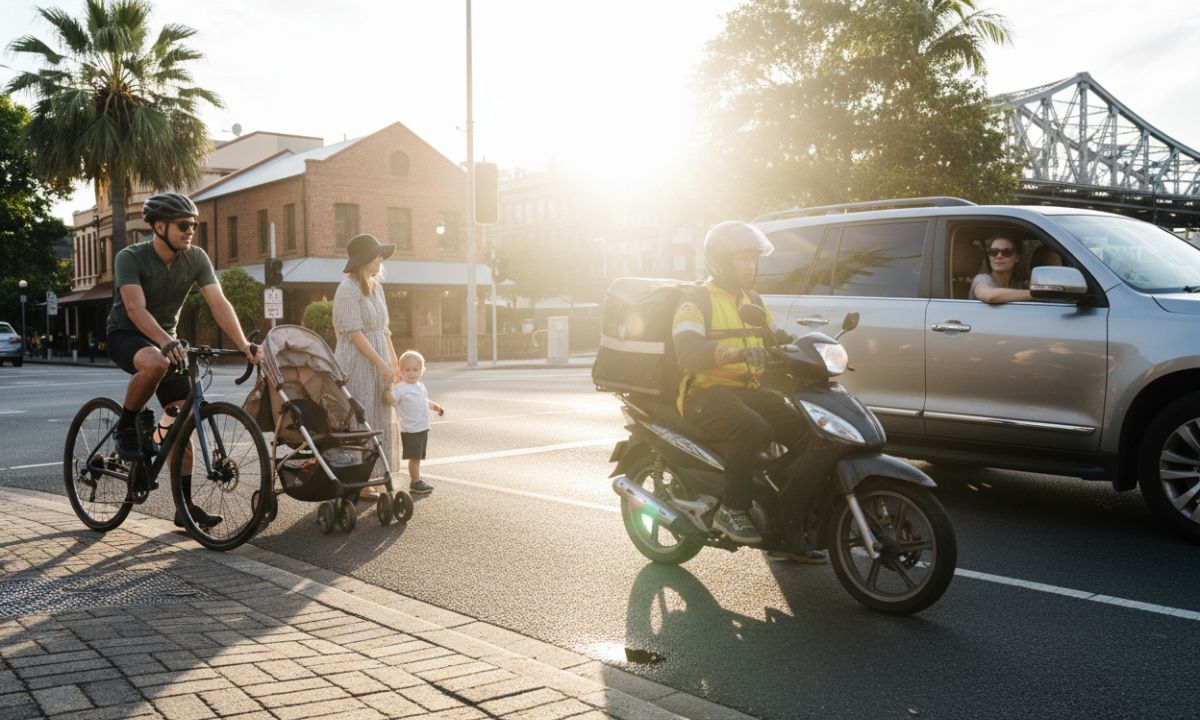 Cyclist, pedestrians with a pram, a scooter rider and a car sharing a city street, illustrating road user tension