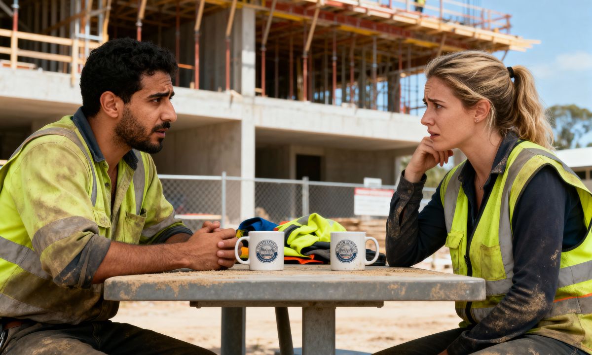 Two construction workers in hi-vis talking over mugs at a site table, illustrating attitudes to claiming compensation