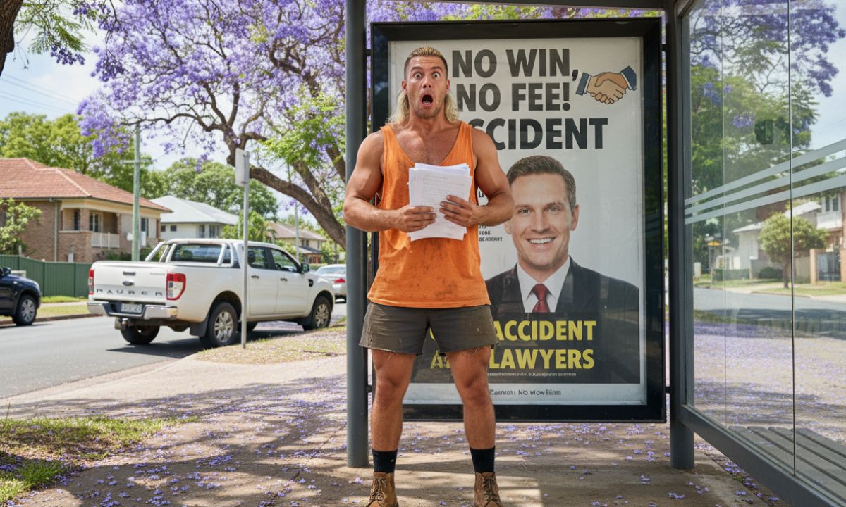Surprised man holding papers in front of a bus-stop 'No win, no fee' lawyer advert, illustrating no win no fee myths