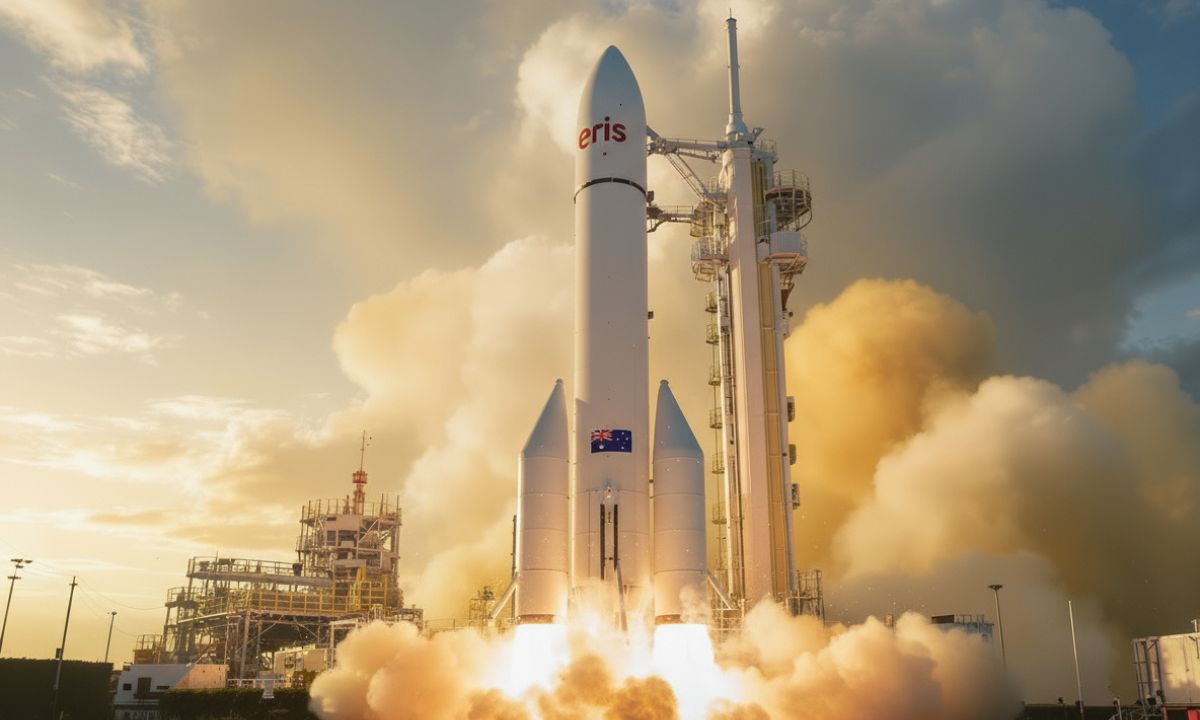 Rocket launching from a pad with a cloud of smoke and an Australian flag, illustrating space industry safety