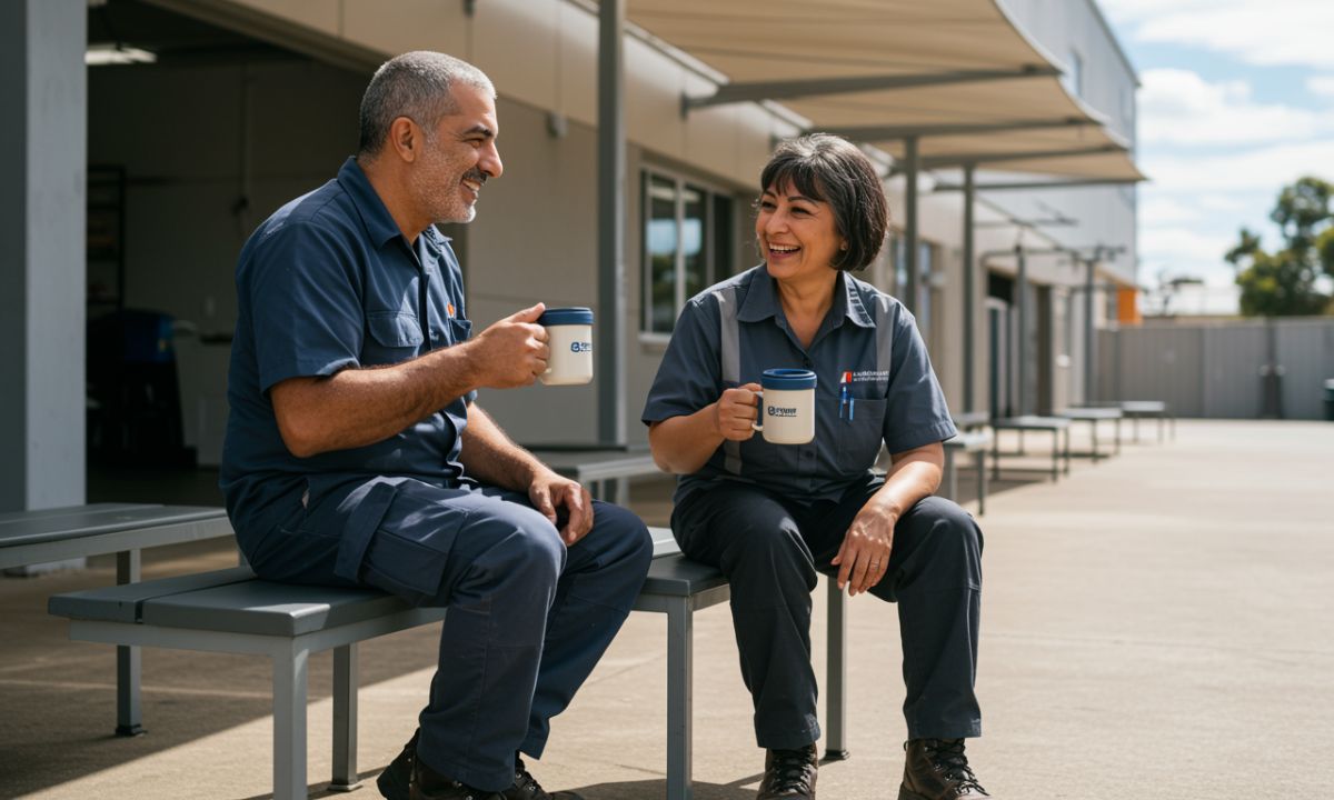Older male and female workers in work uniforms laughing over mugs on a bench, illustrating safety for the 65+ workforce