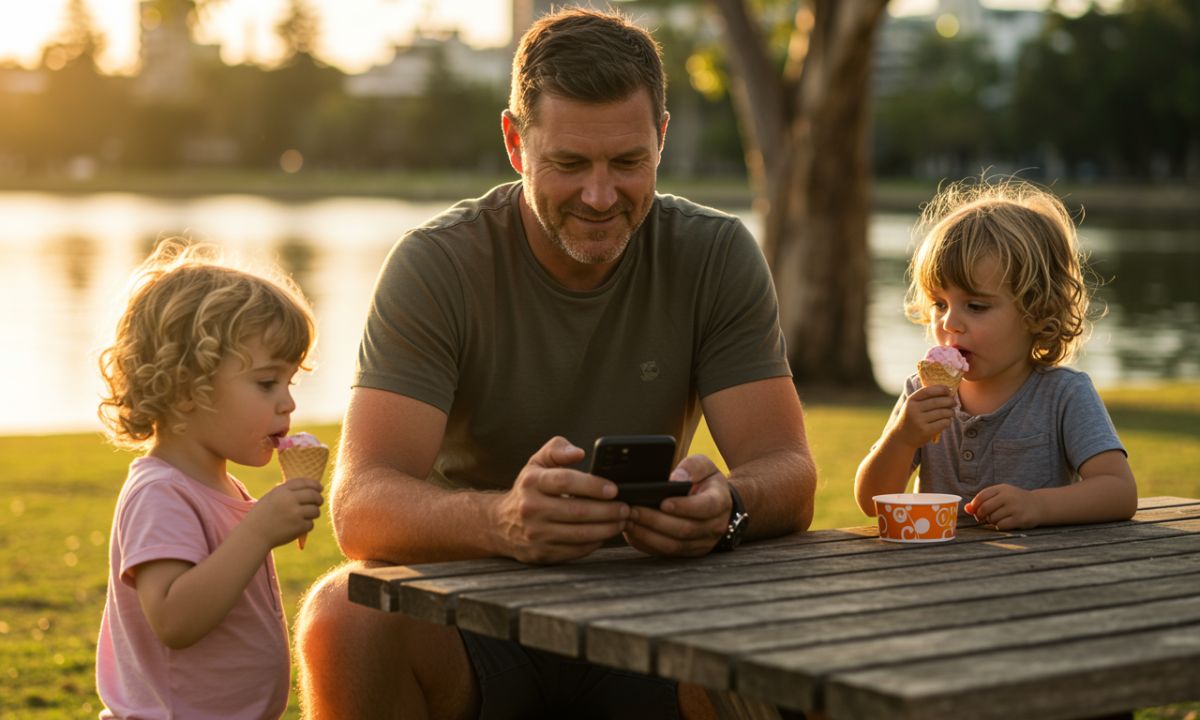 Father looking at his phone at a park table while two children eat ice cream, illustrating the right to disconnect