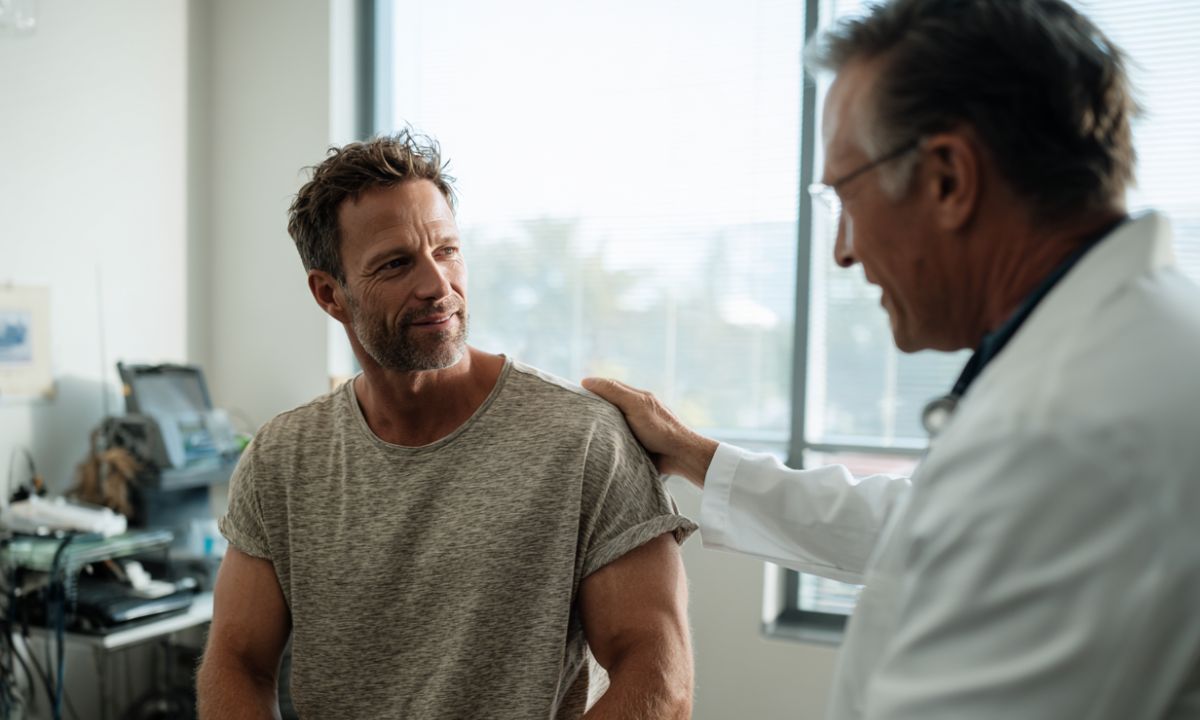 Doctor with a hand on a man's shoulder in a consulting room, illustrating injury compensation fraud myths and genuine claims