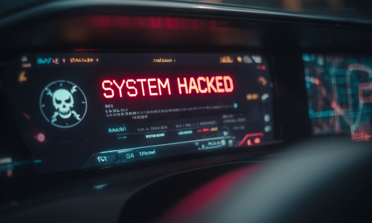 Car dashboard display flashing 'SYSTEM HACKED' with a skull icon, illustrating connected car hacking threats