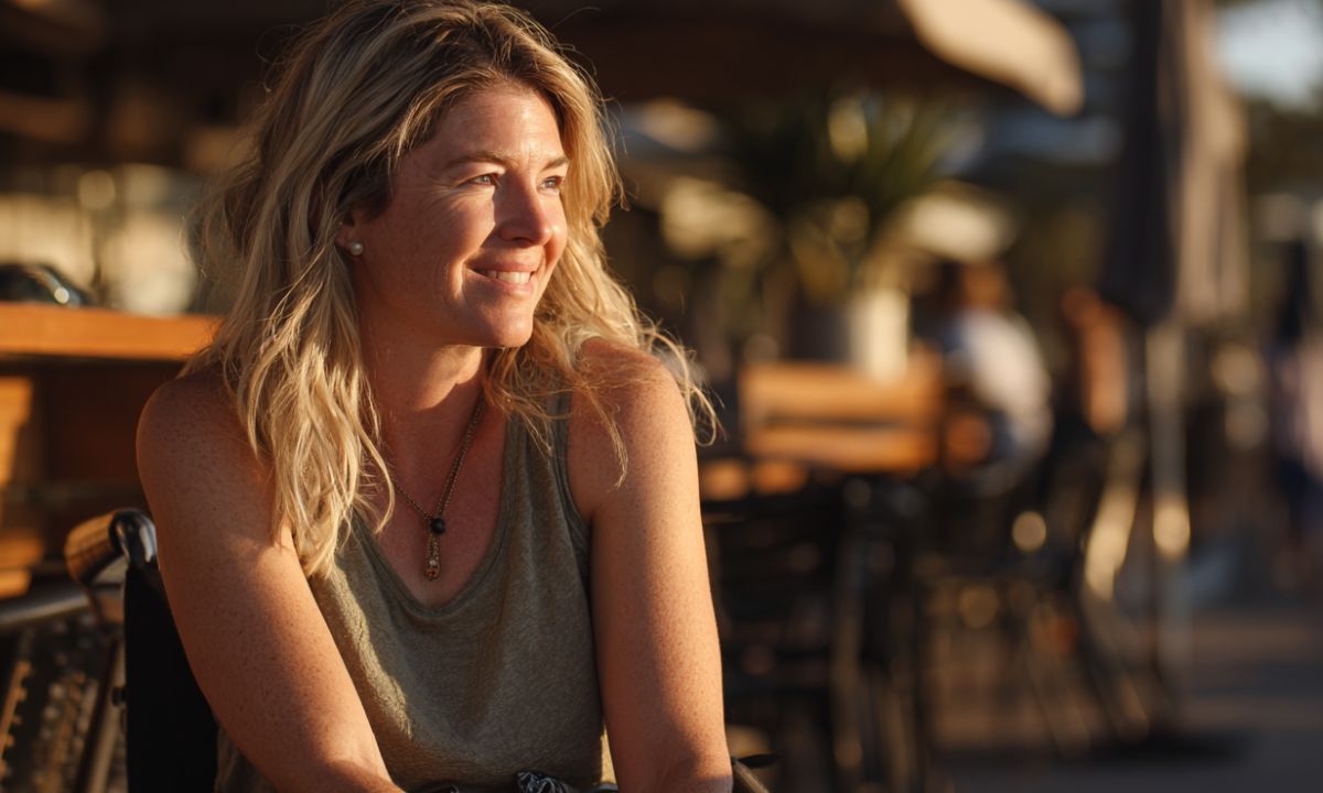 Smiling woman seated at a cafe table, illustrating using NDIS and TPD support together after serious injury